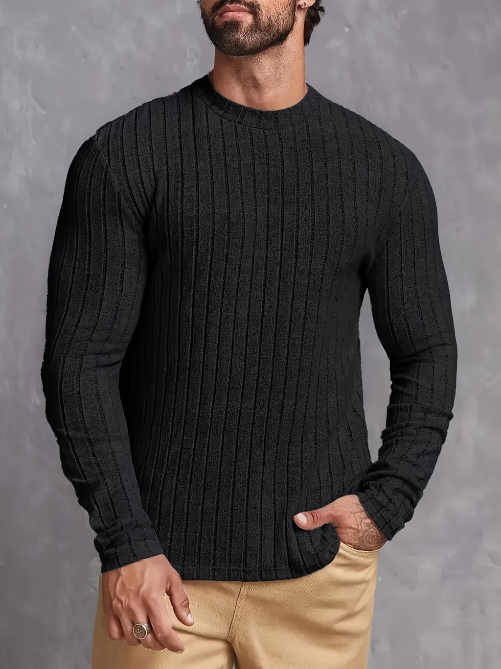 Men's Ribbed Mock Neck Sweater in Light Gray