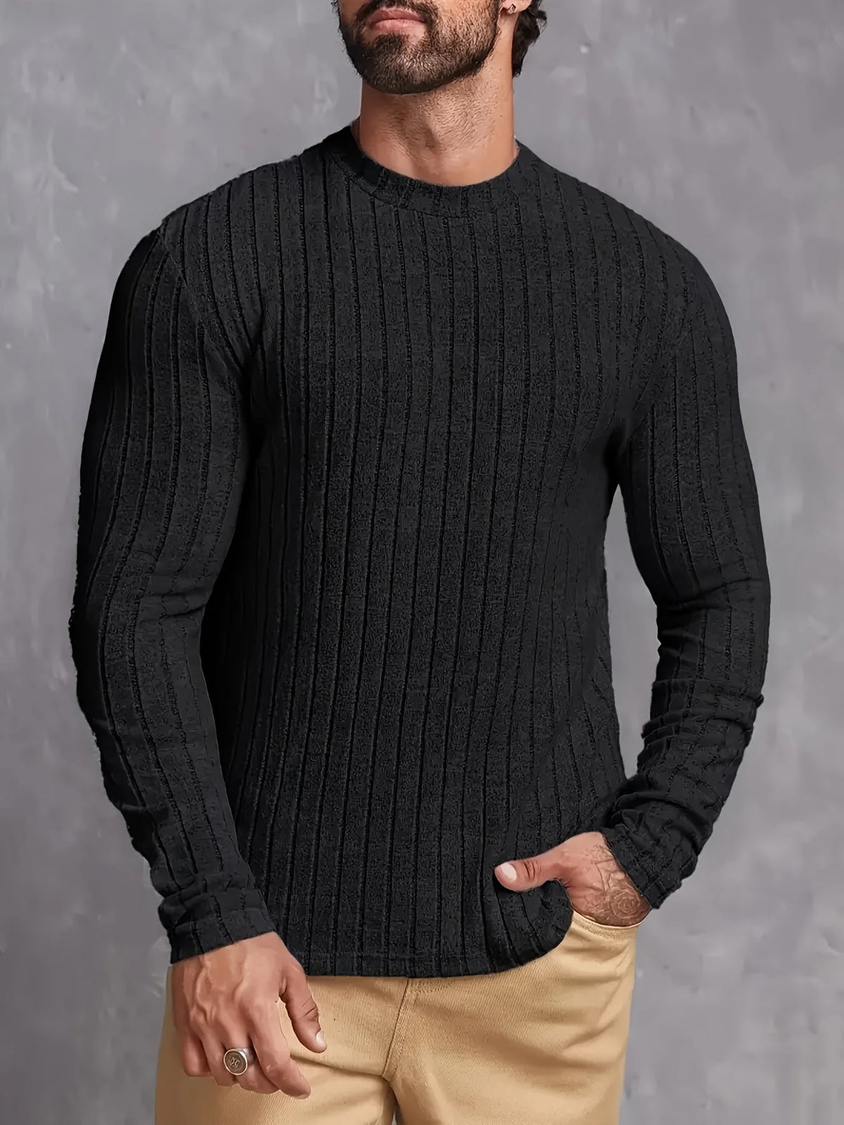 Men's Ribbed Mock Neck Sweater in Light Gray
