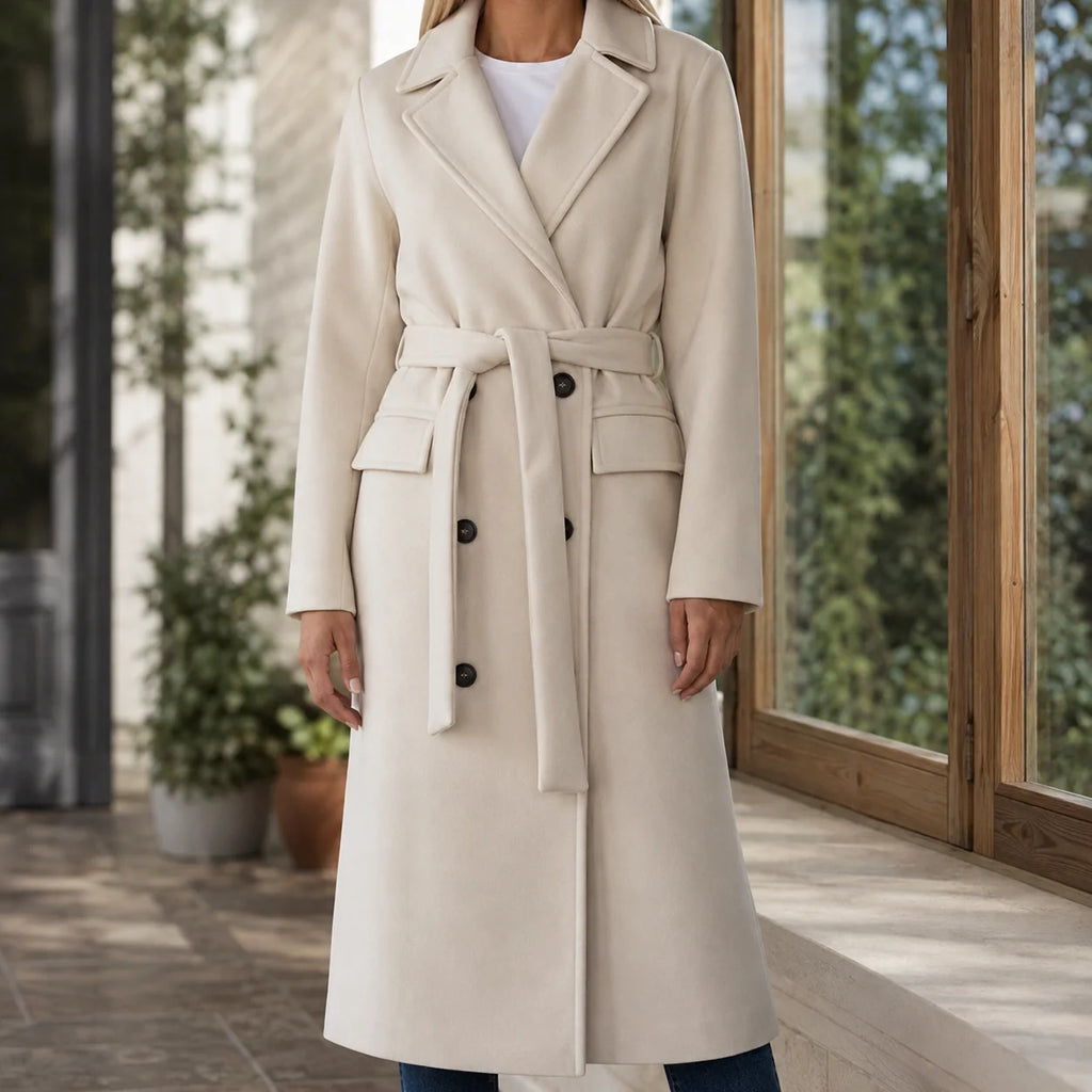 Women's double-breasted belted overcoat in beige