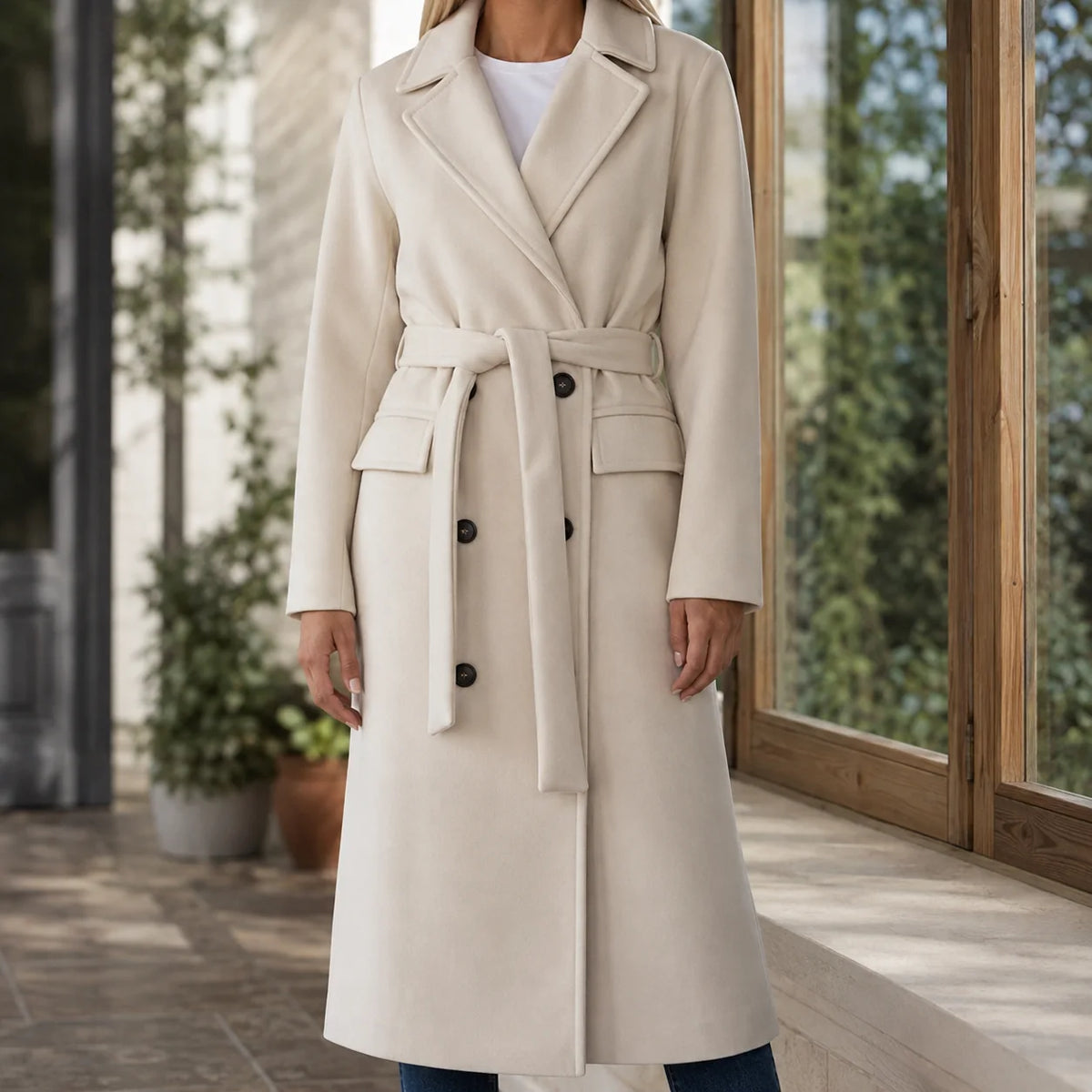 Women's double-breasted belted overcoat in beige