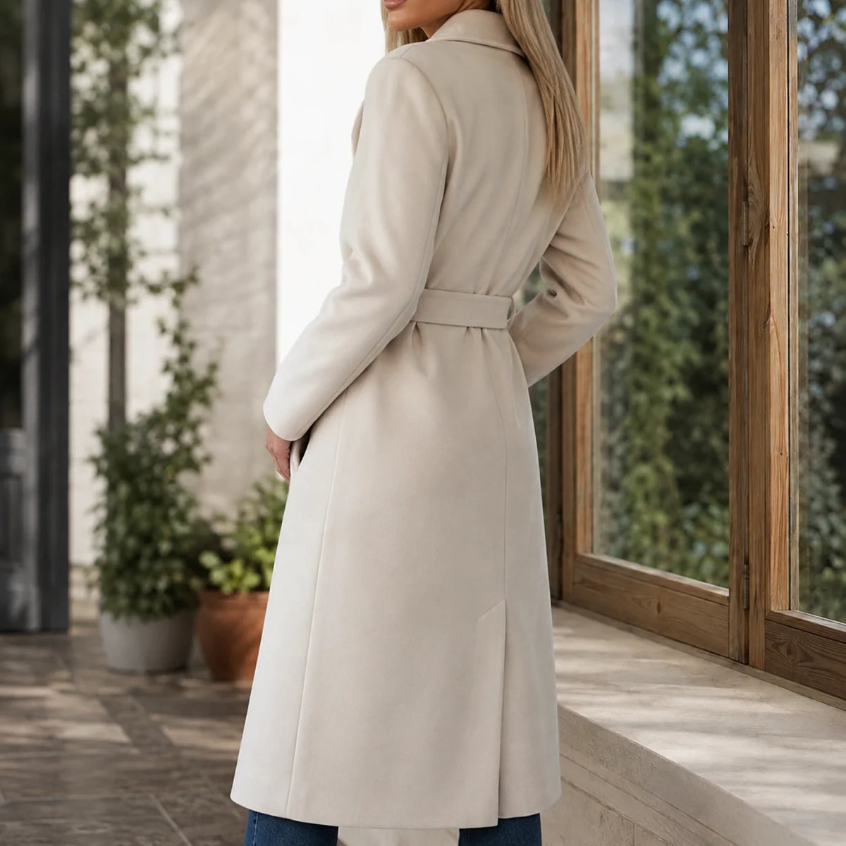 Women's double-breasted belted overcoat in chocolate brown