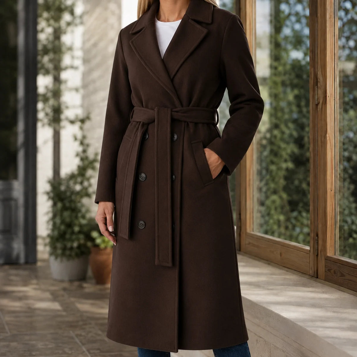 Women's double-breasted belted overcoat in black