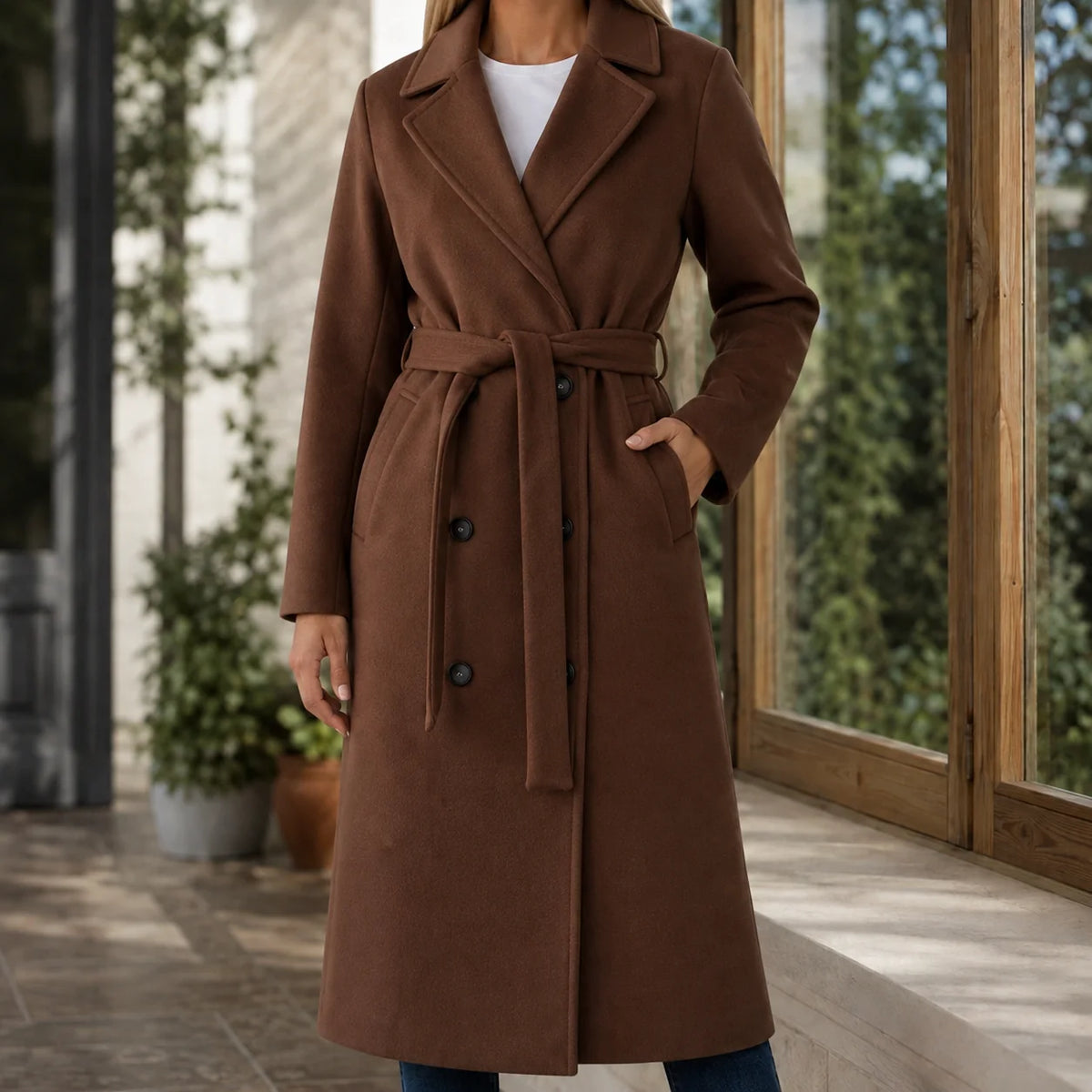 Women's double-breasted belted overcoat in khaki