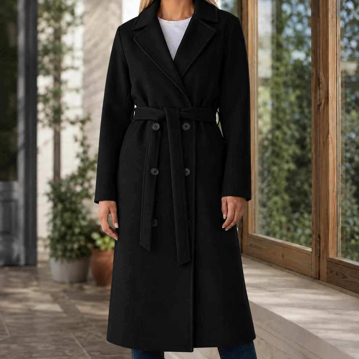 Close-up of the tie belt on the women's overcoat