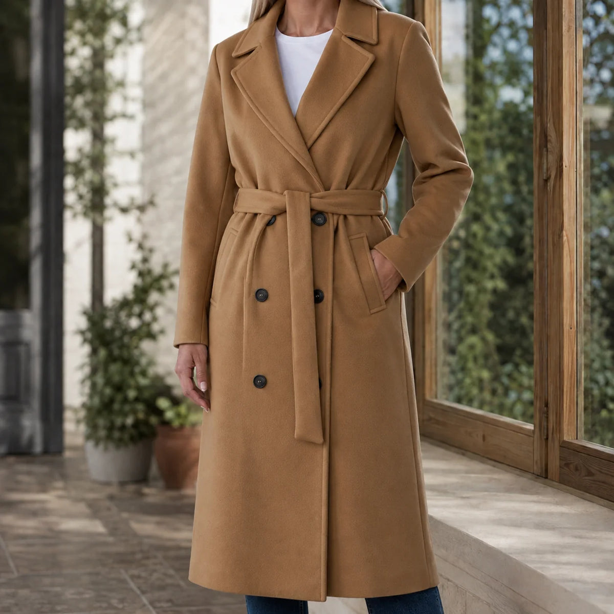 Women's double-breasted belted overcoat styled on model