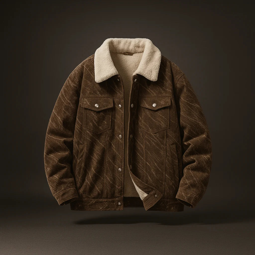 Men's brown corduroy trucker jacket with sherpa lining