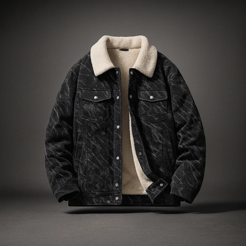 Men's black corduroy trucker jacket with sherpa lining