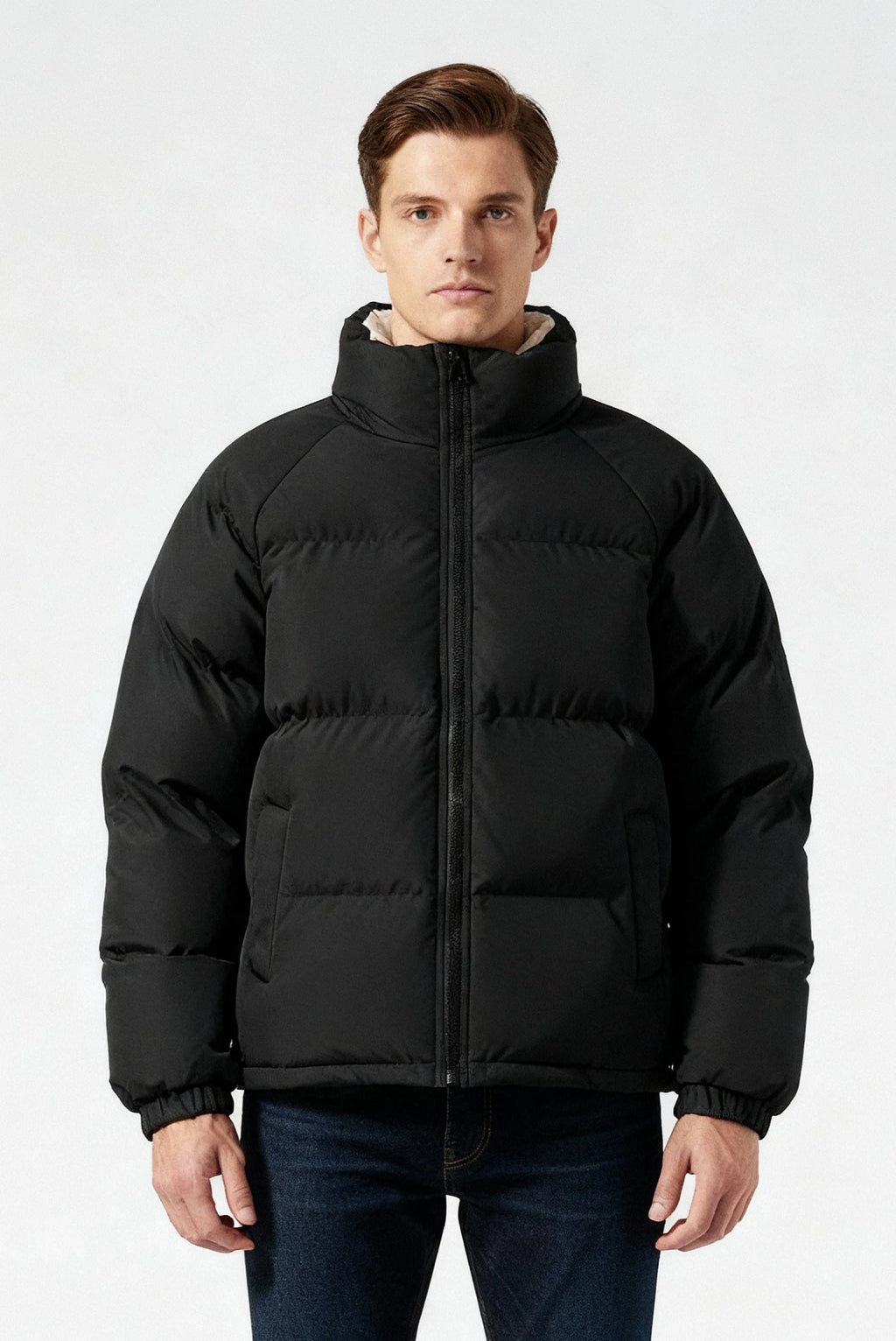 Men's Puffer Jacket with Fleece-Lined Collar in Black