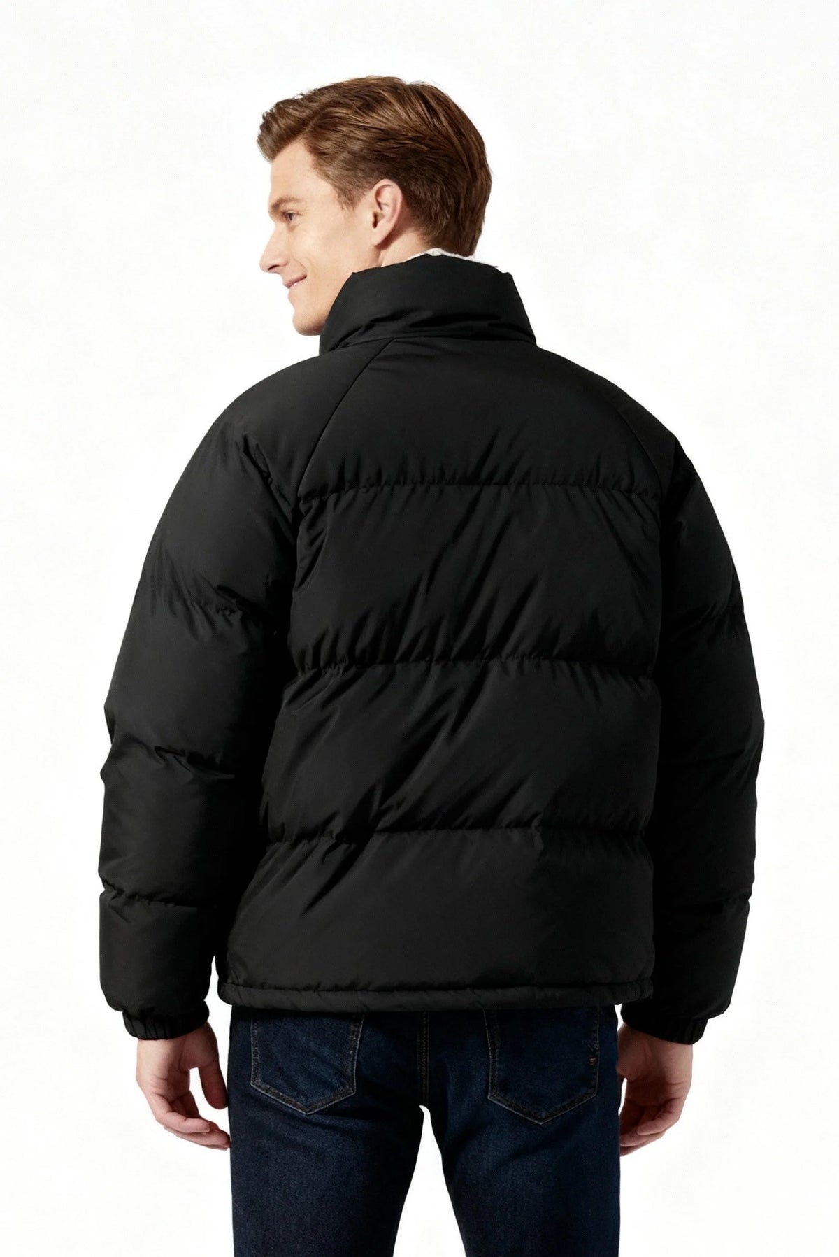 Men's Puffer Jacket with Fleece-Lined Collar – Detail View