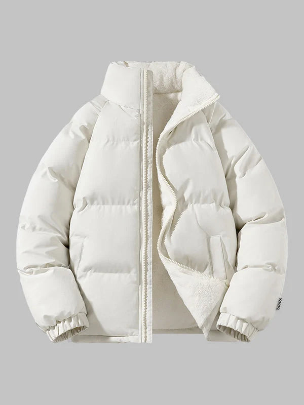 Men's Puffer Jacket with Fleece-Lined Collar in Beige