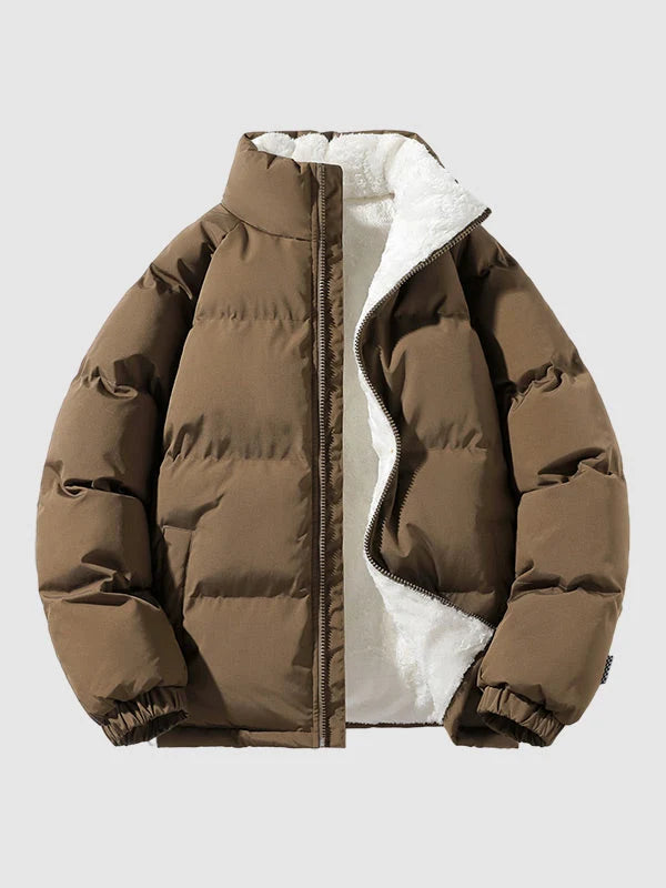 Men's Puffer Jacket with Fleece-Lined Collar in Brown