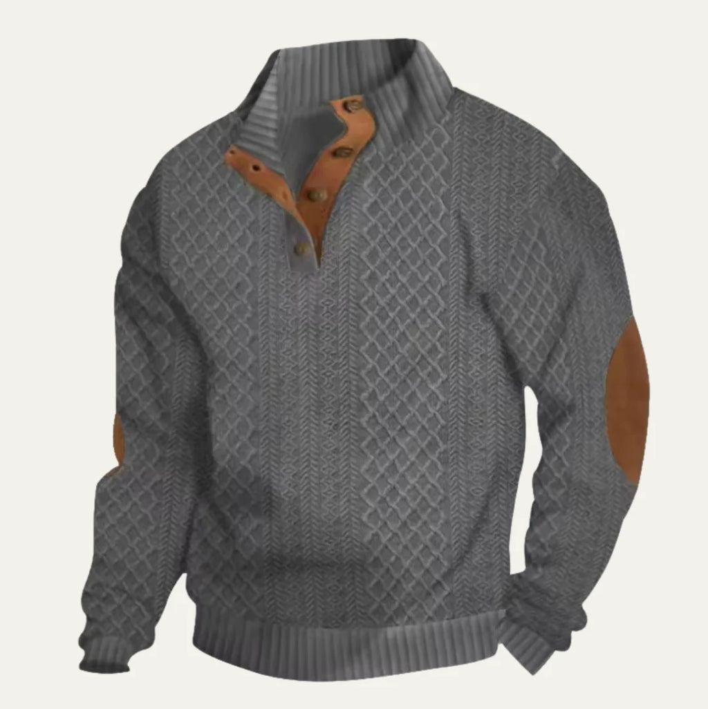 Men's Cable Knit Elbow-Patch Sweater in Dark Gray