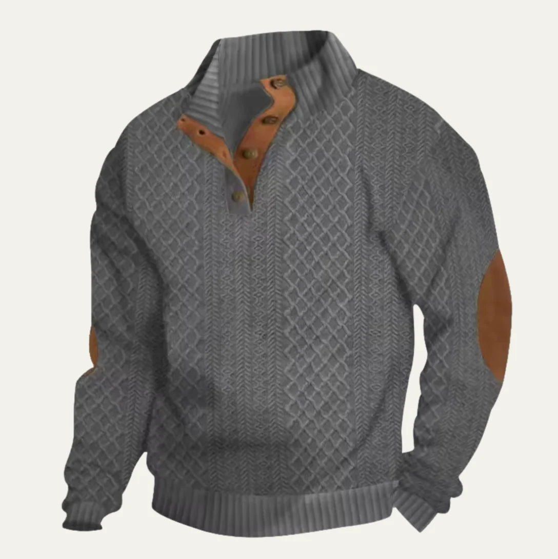 Men's Cable Knit Elbow-Patch Sweater in Dark Gray