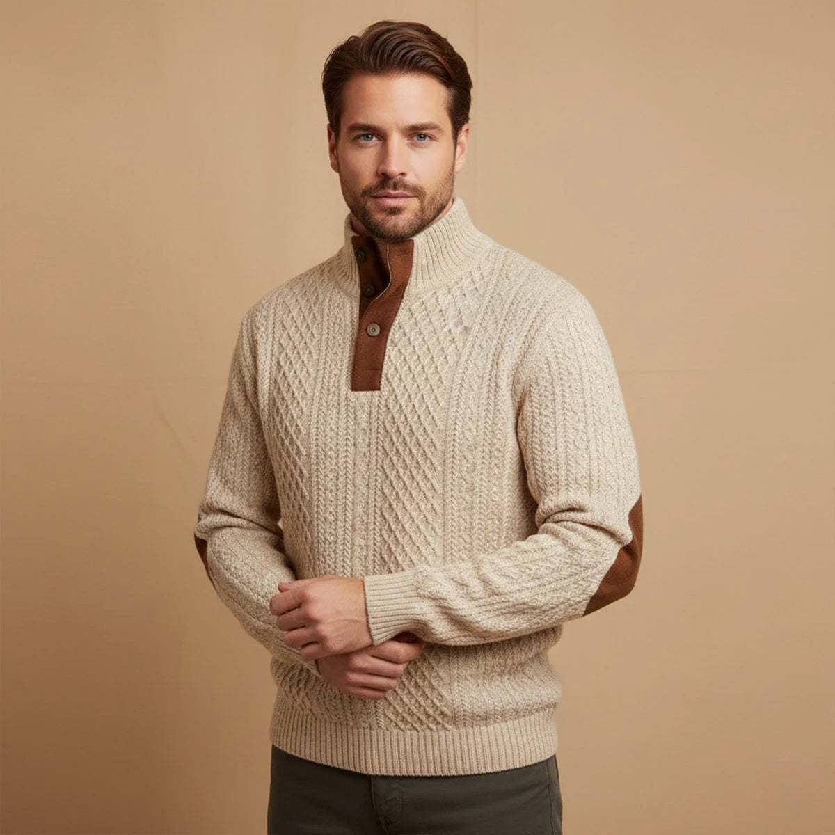 Men's Cable Knit Elbow-Patch Sweater – Button Placket Detail