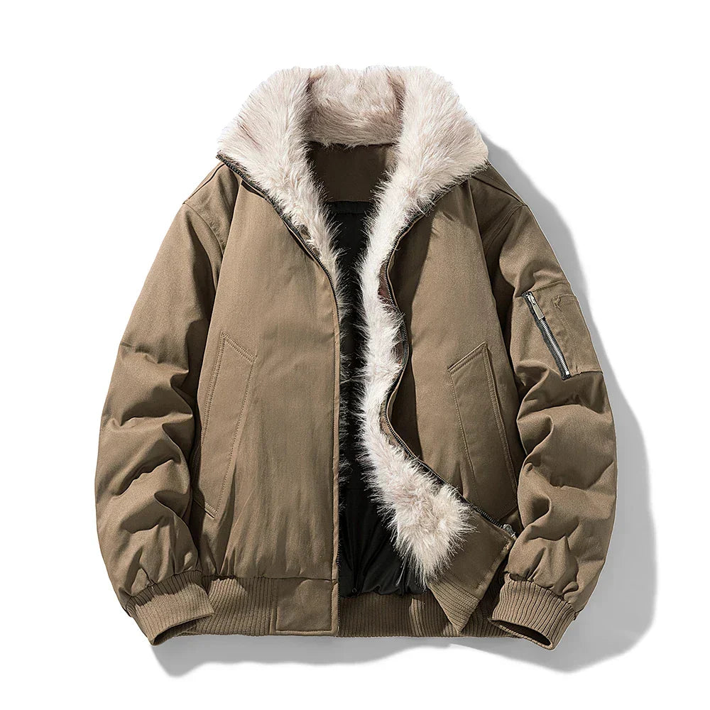 Men's Bomber Jacket with Faux Fur Trim Hood in Brown