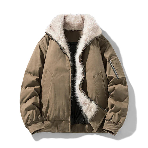Men's Bomber Jacket with Faux Fur Trim Hood in Brown