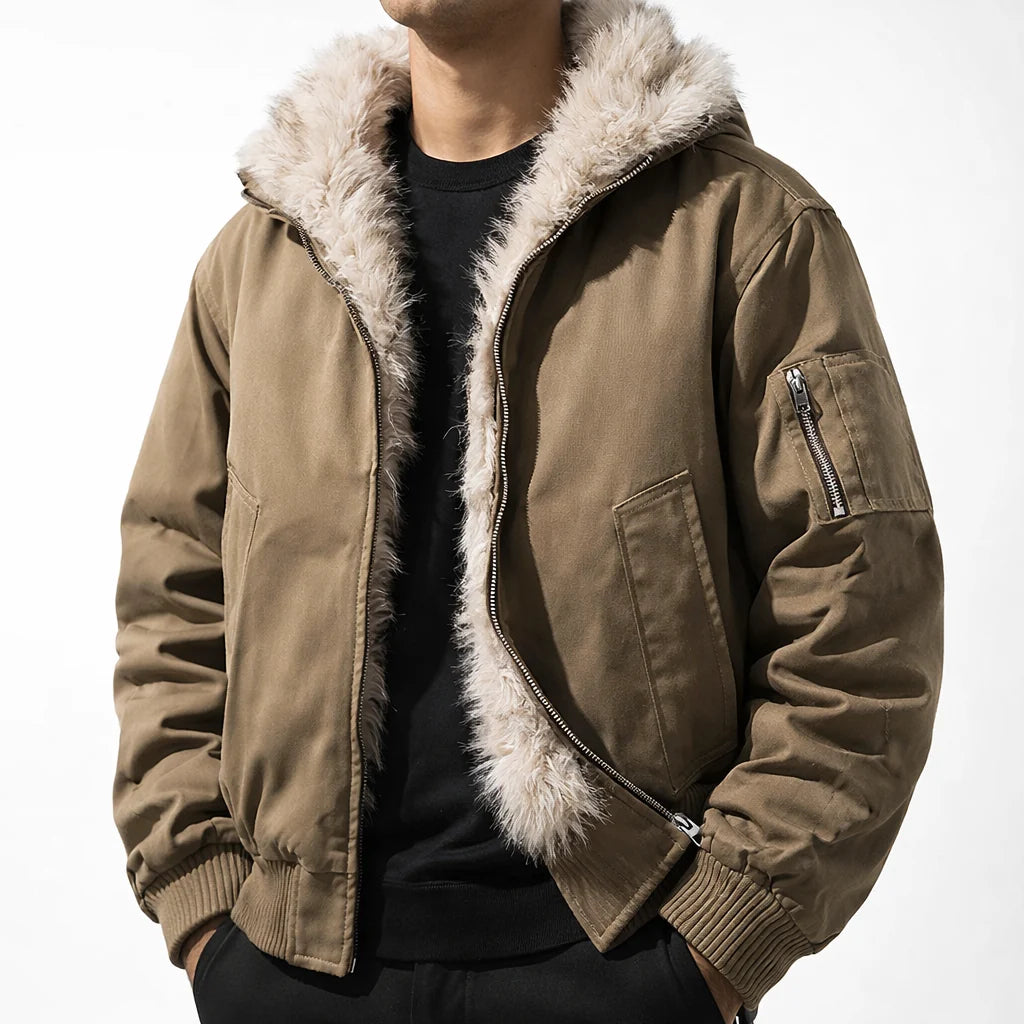 Men's Bomber Jacket with Faux Fur Trim Hood – Detail View