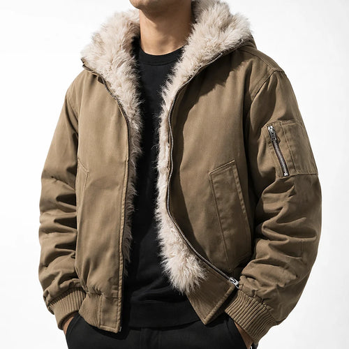 Men's Bomber Jacket with Faux Fur Trim Hood – Detail View