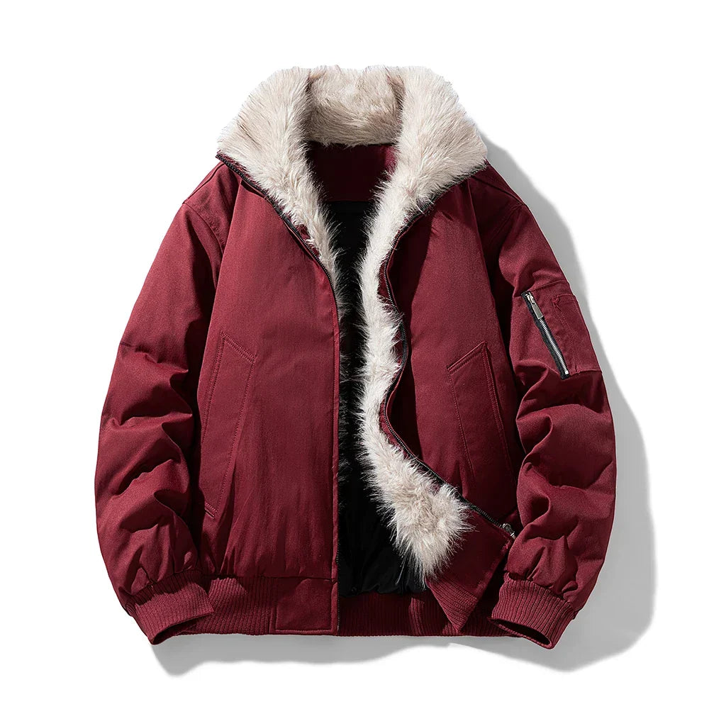 Men's Bomber Jacket with Faux Fur Trim Hood in Red