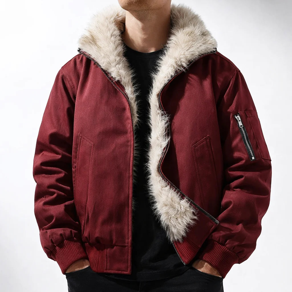 Men's Bomber Jacket with Faux Fur Trim Hood – Detail View