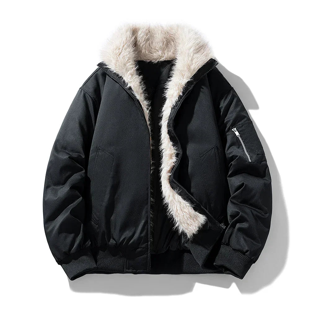 Men's Bomber Jacket with Faux Fur Trim Hood in Black