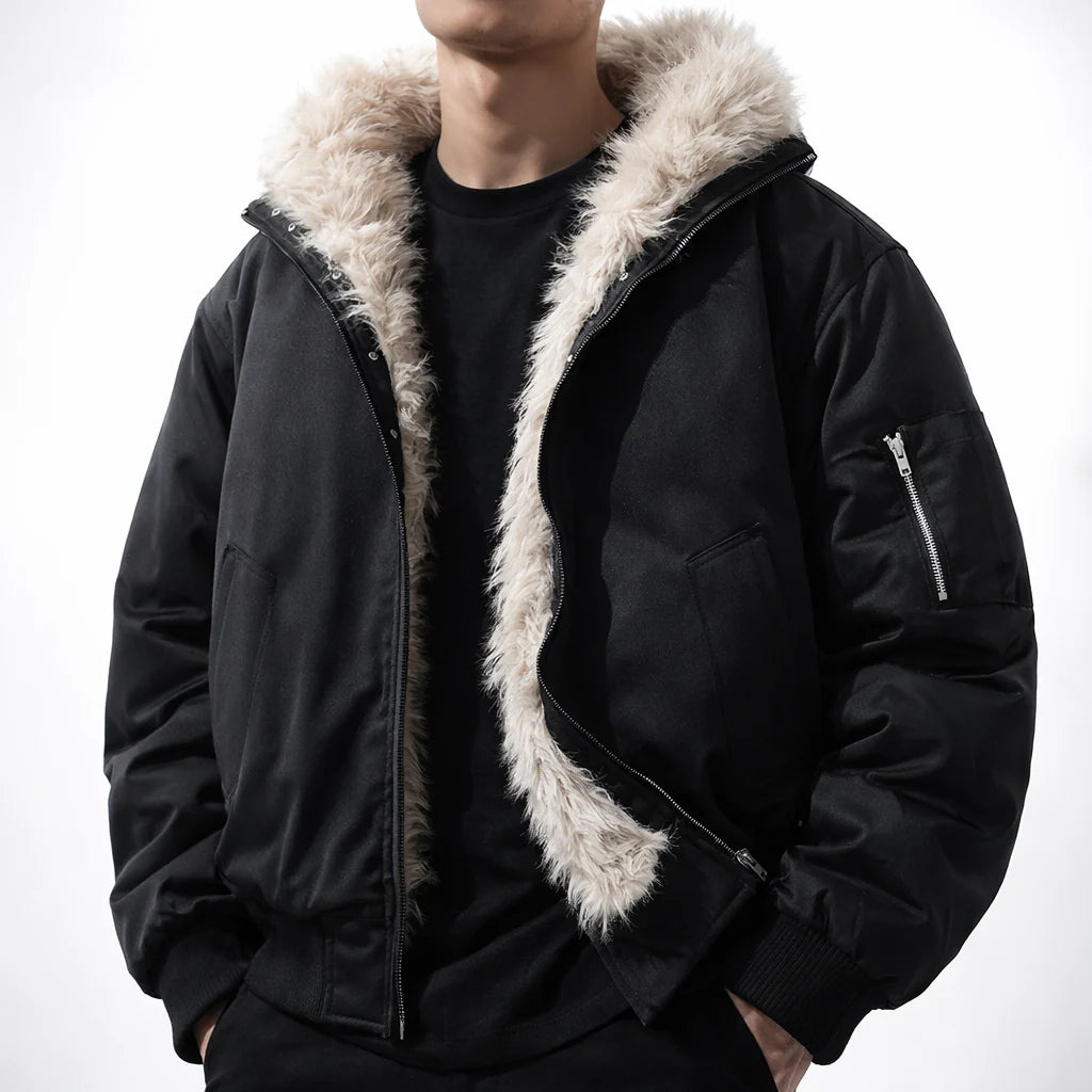 Men's Bomber Jacket with Faux Fur Trim Hood – Detail View
