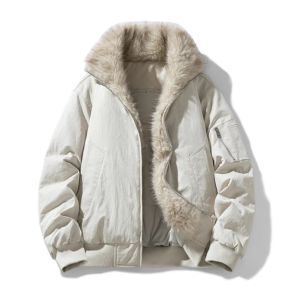 Men's Bomber Jacket with Faux Fur Trim Hood in Beige