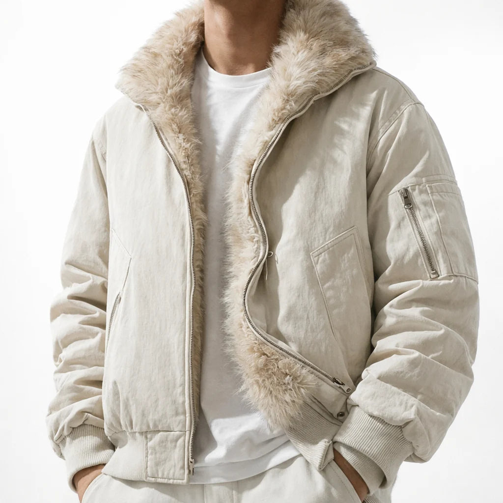 Men's Bomber Jacket with Faux Fur Trim Hood – Detail View