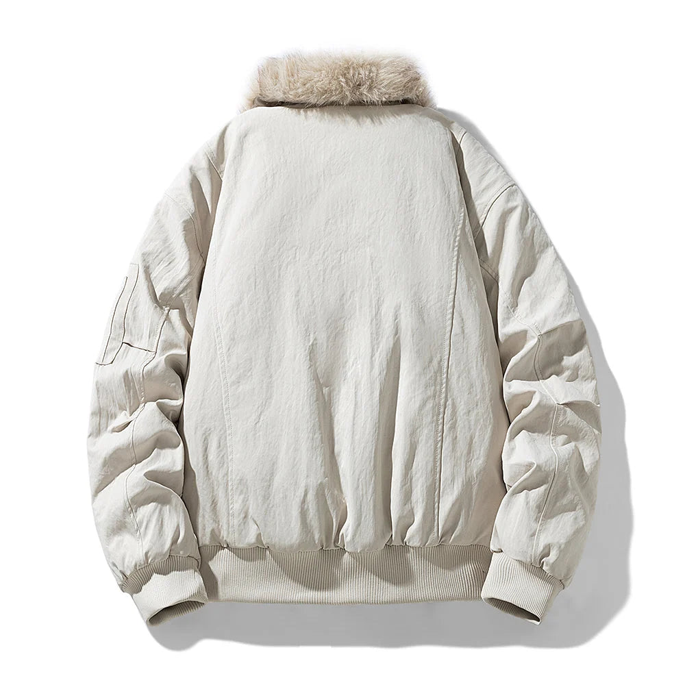 Men's Bomber Jacket with Faux Fur Trim Hood – Detail View