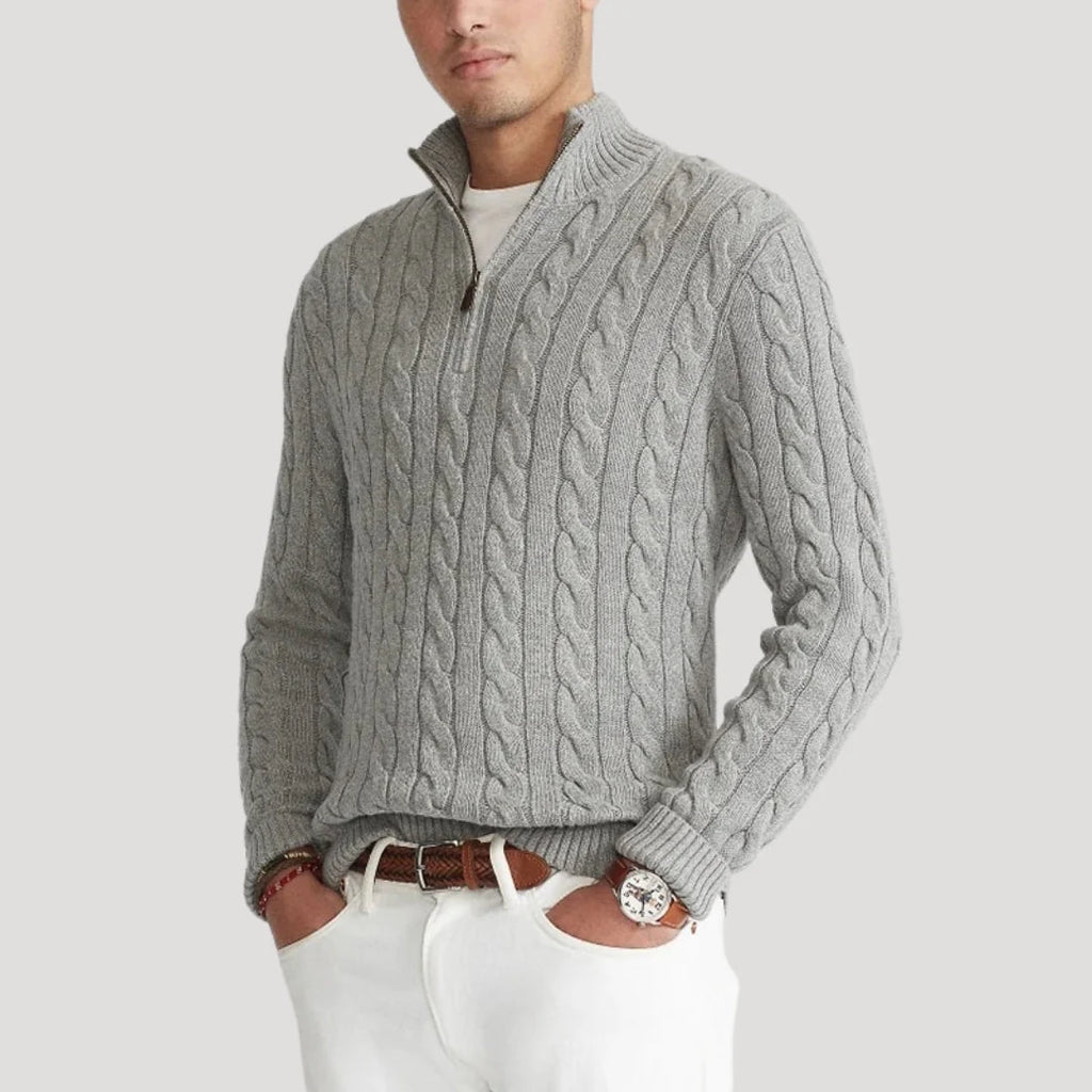 Men's Cable-Knit Zip Sweater in Gray