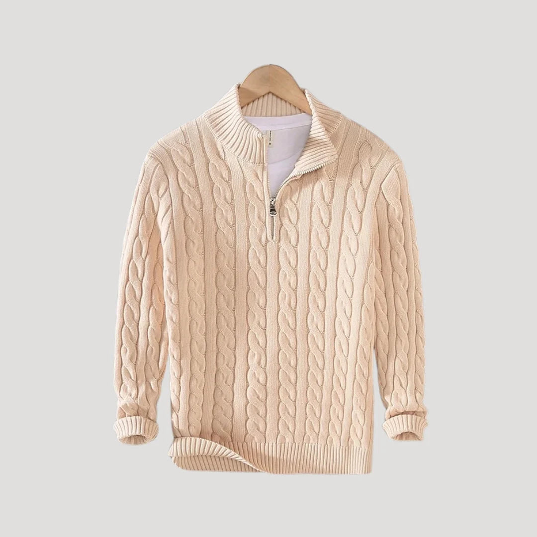 Men's Cable-Knit Zip Sweater in Dark Blue
