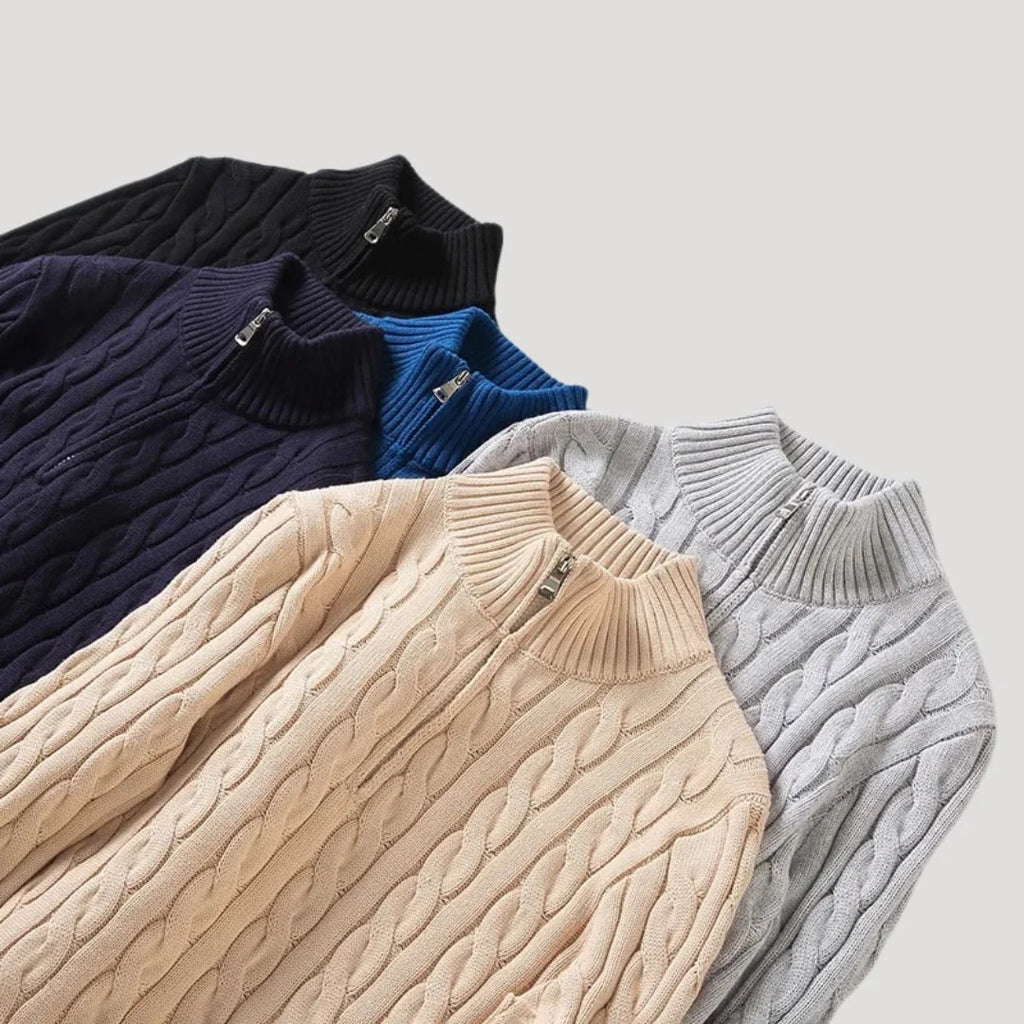 Men's Cable-Knit Zip Sweater – Worn View