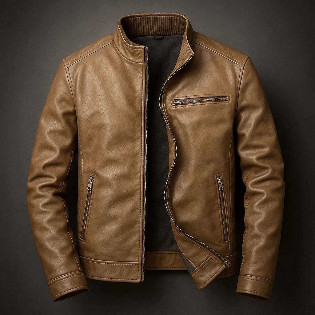 Men's Faux Leather Biker Jacket in Brown