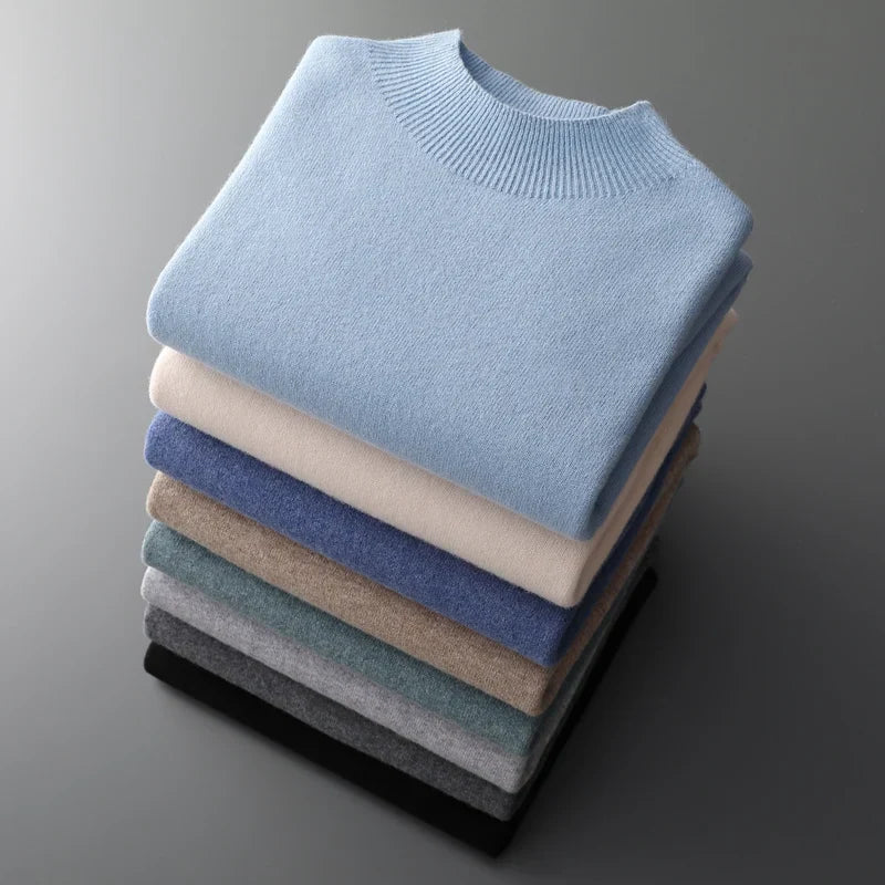 Men's Cashmere Mock Neck Sweater in Dark Blue