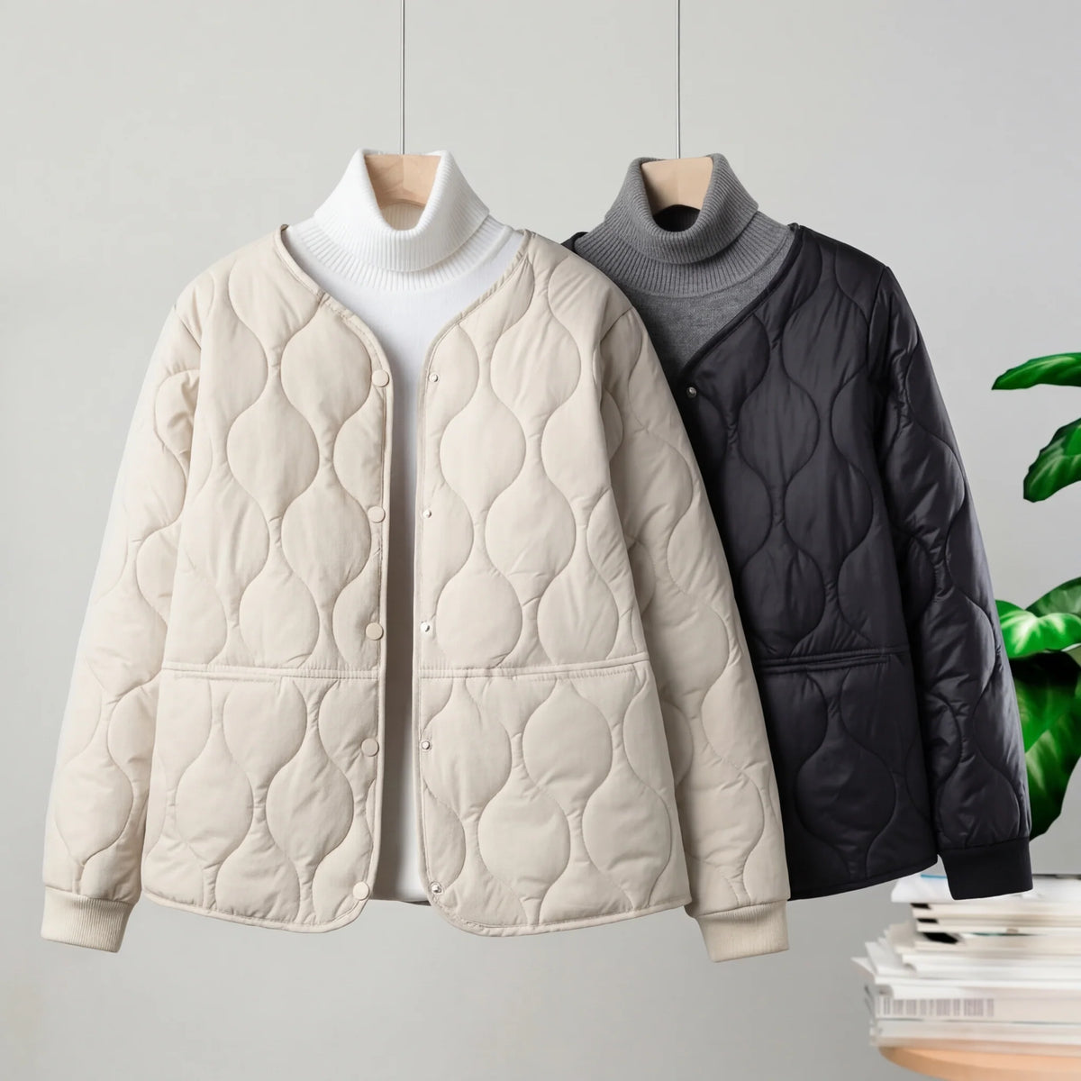Collarless cotton-padded bomber jacket in white