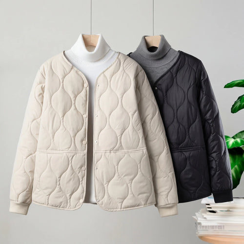 Collarless cotton-padded bomber jacket in white