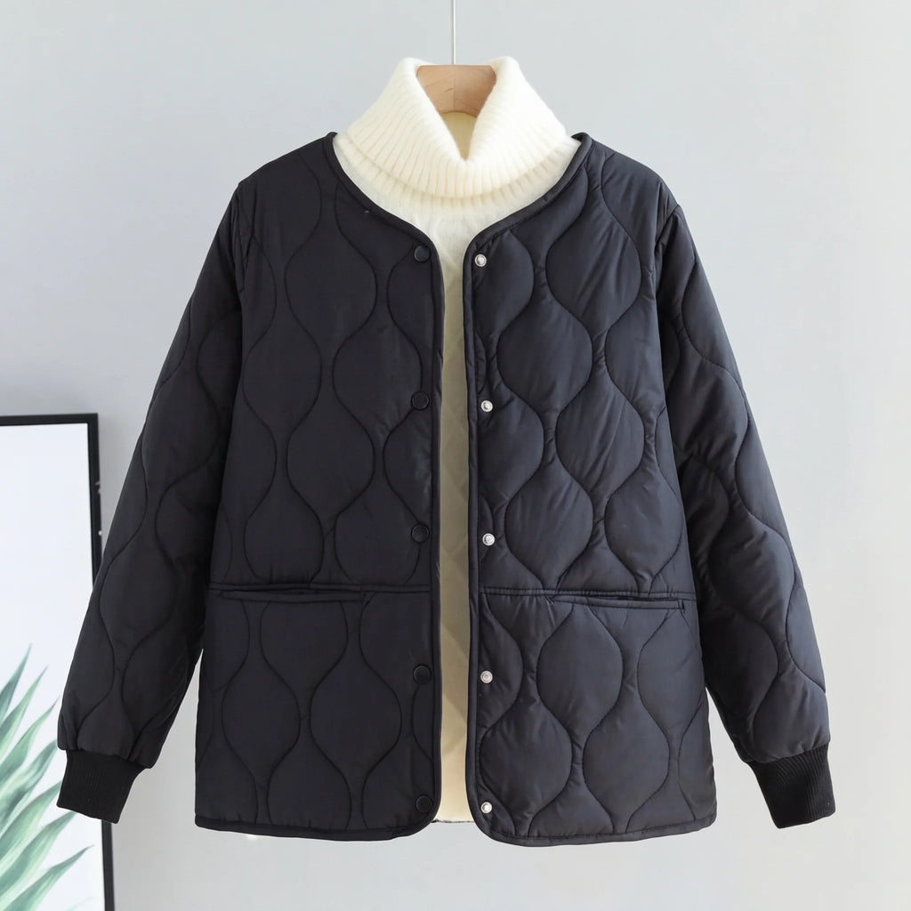 Close-up of the striped inner lining on the collarless bomber jacket