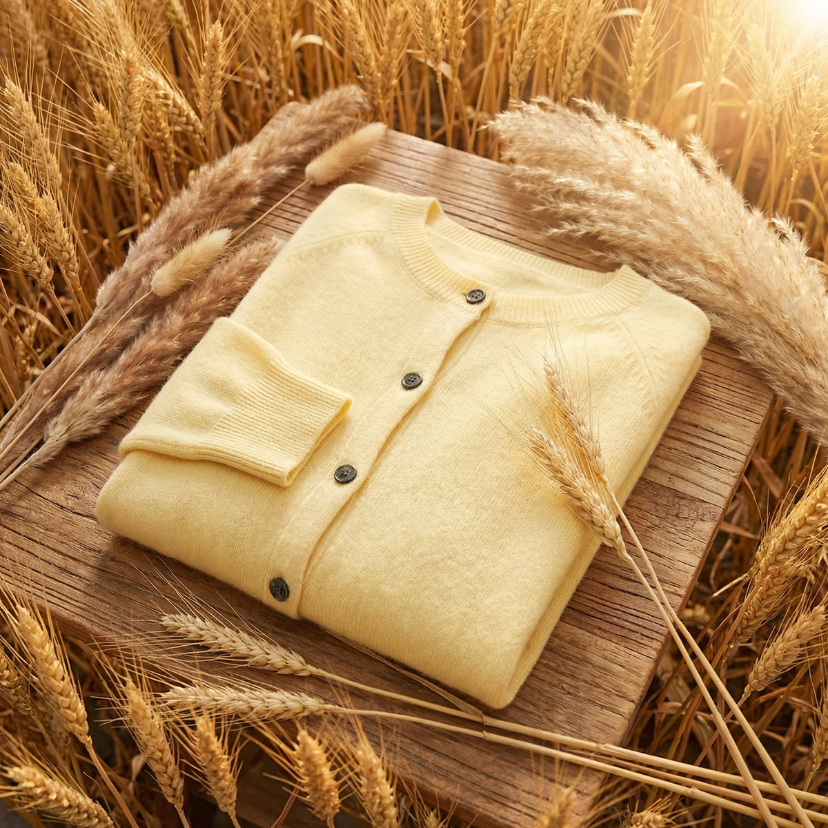 Women's yellow merino wool cardigan with crew neck