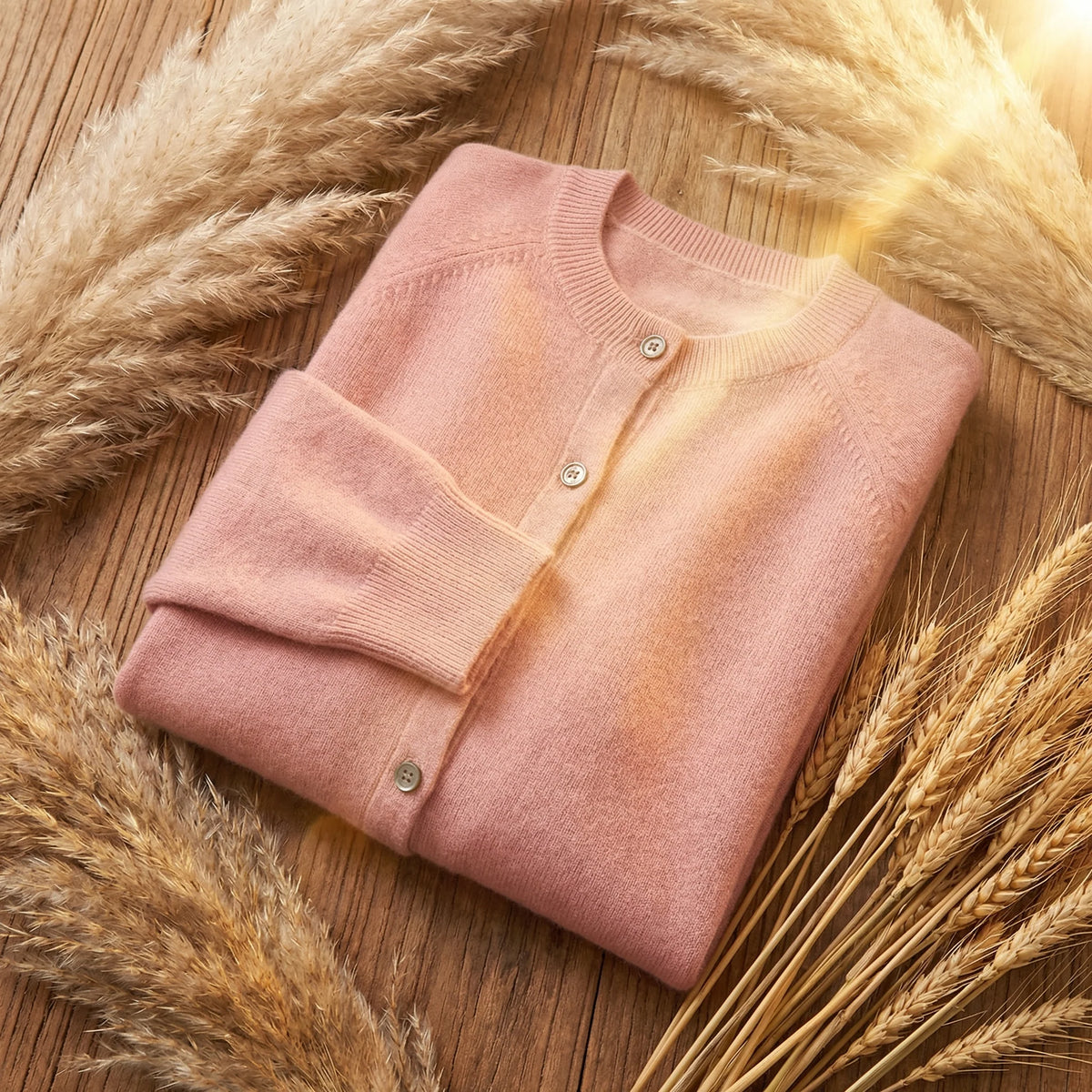 Women's pink merino wool cardigan with crew neck