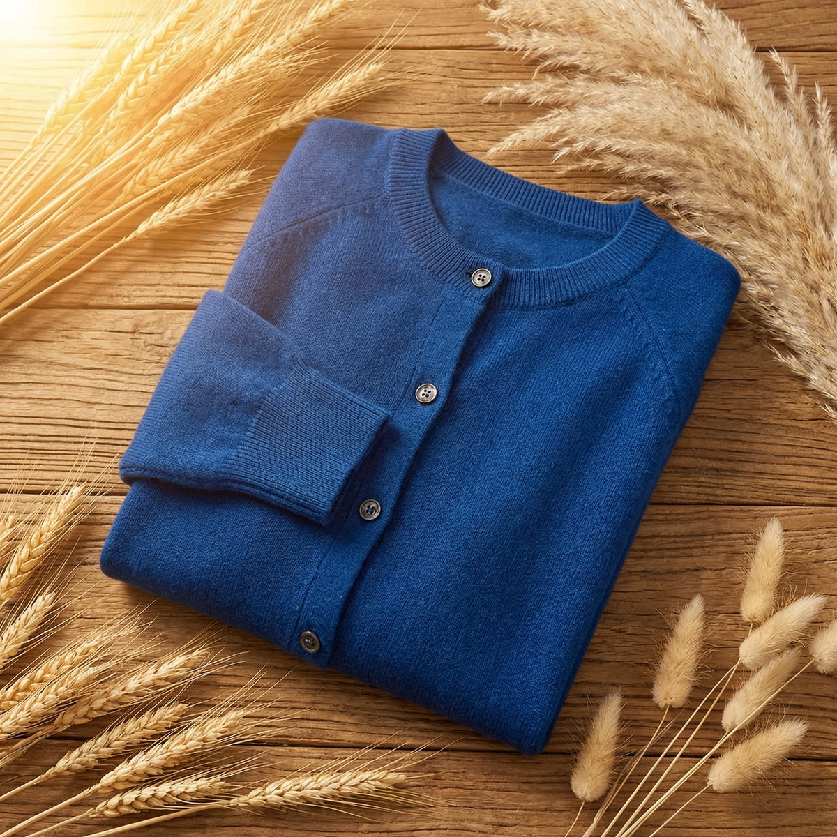 Women's blue merino wool cardigan with crew neck