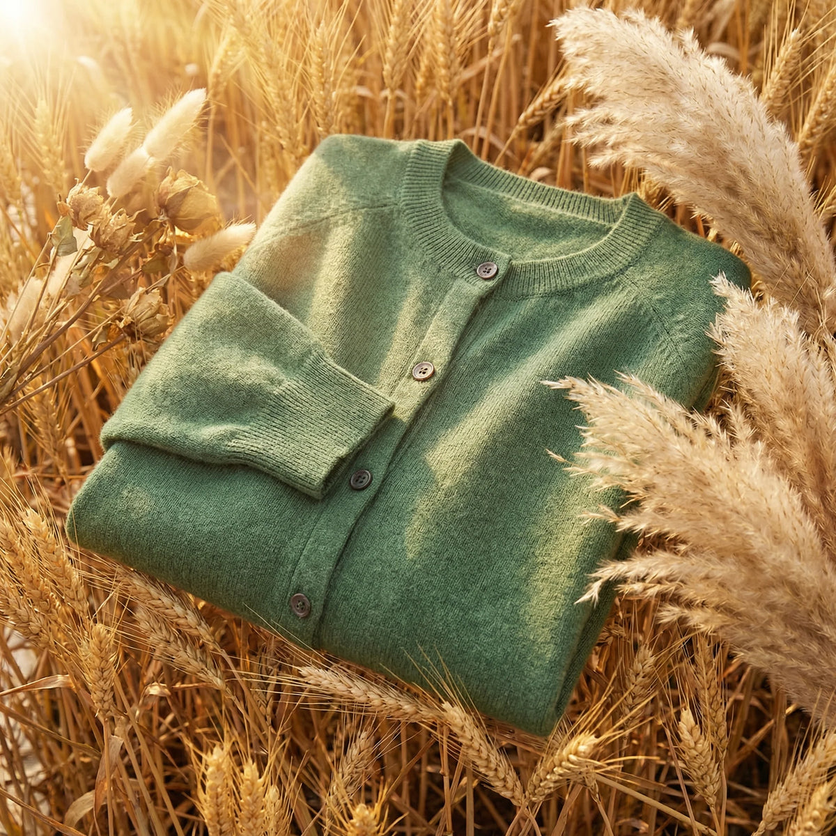 Women's green merino wool cardigan with crew neck