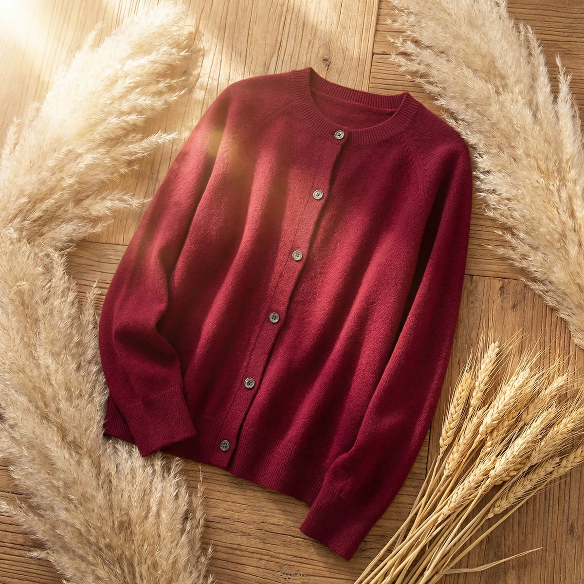 Women's red merino wool cardigan with crew neck