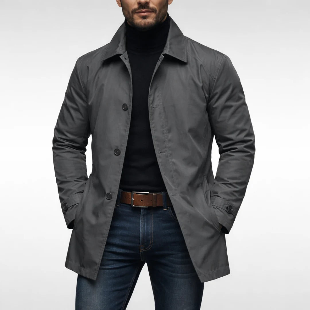Men's gray weather-resistant overcoat with notch collar