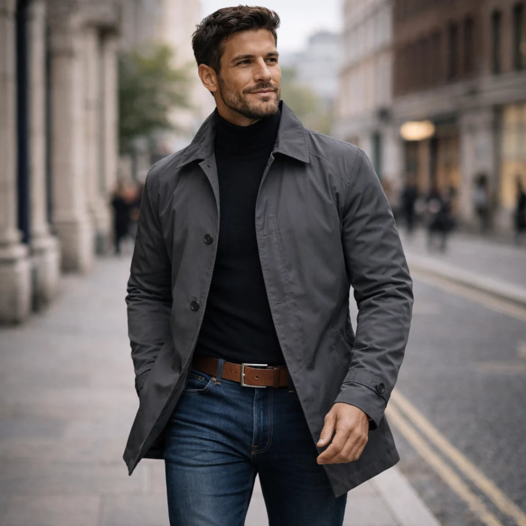 Men's gray weather-resistant overcoat with notch collar