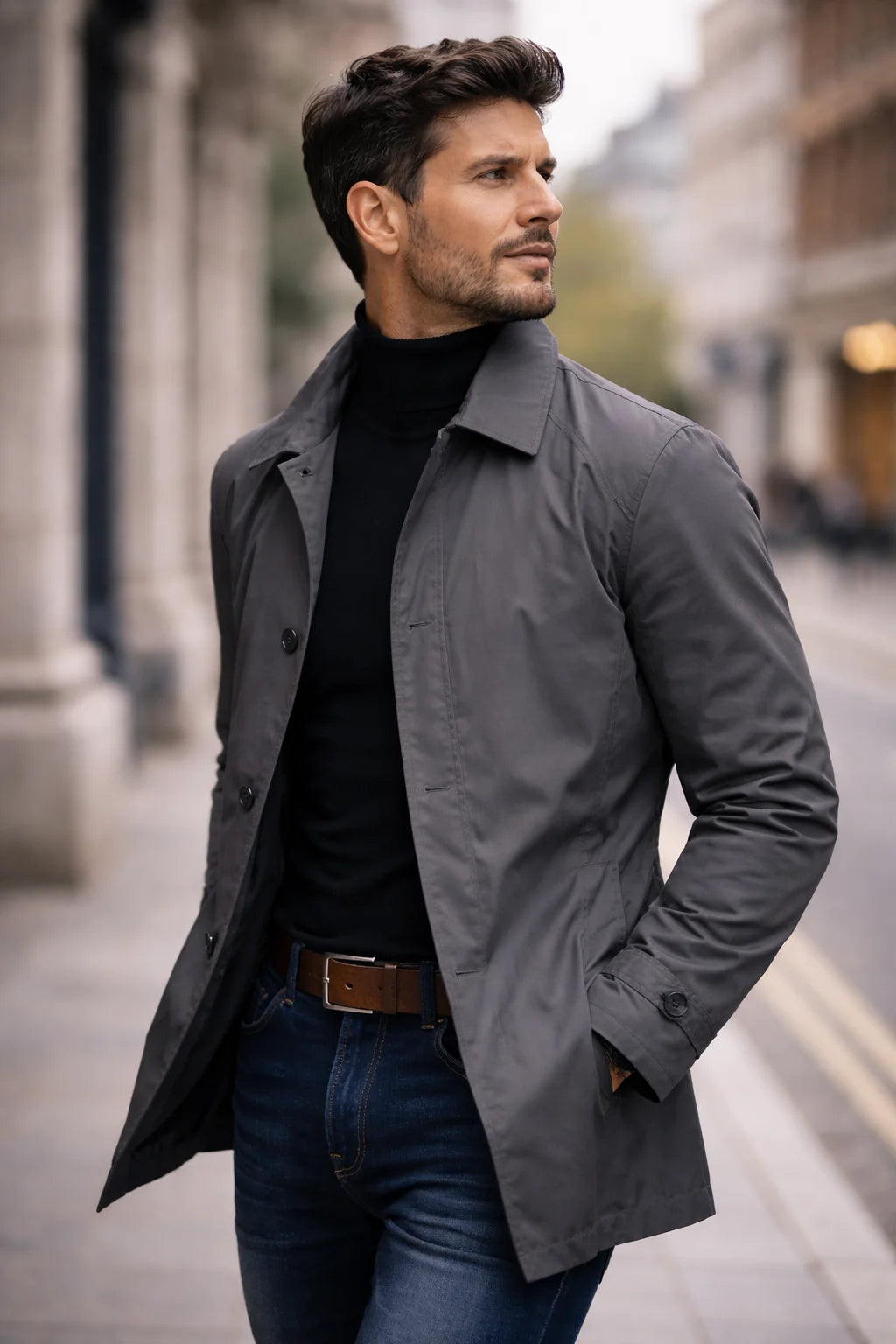 Men's gray weather-resistant overcoat with notch collar