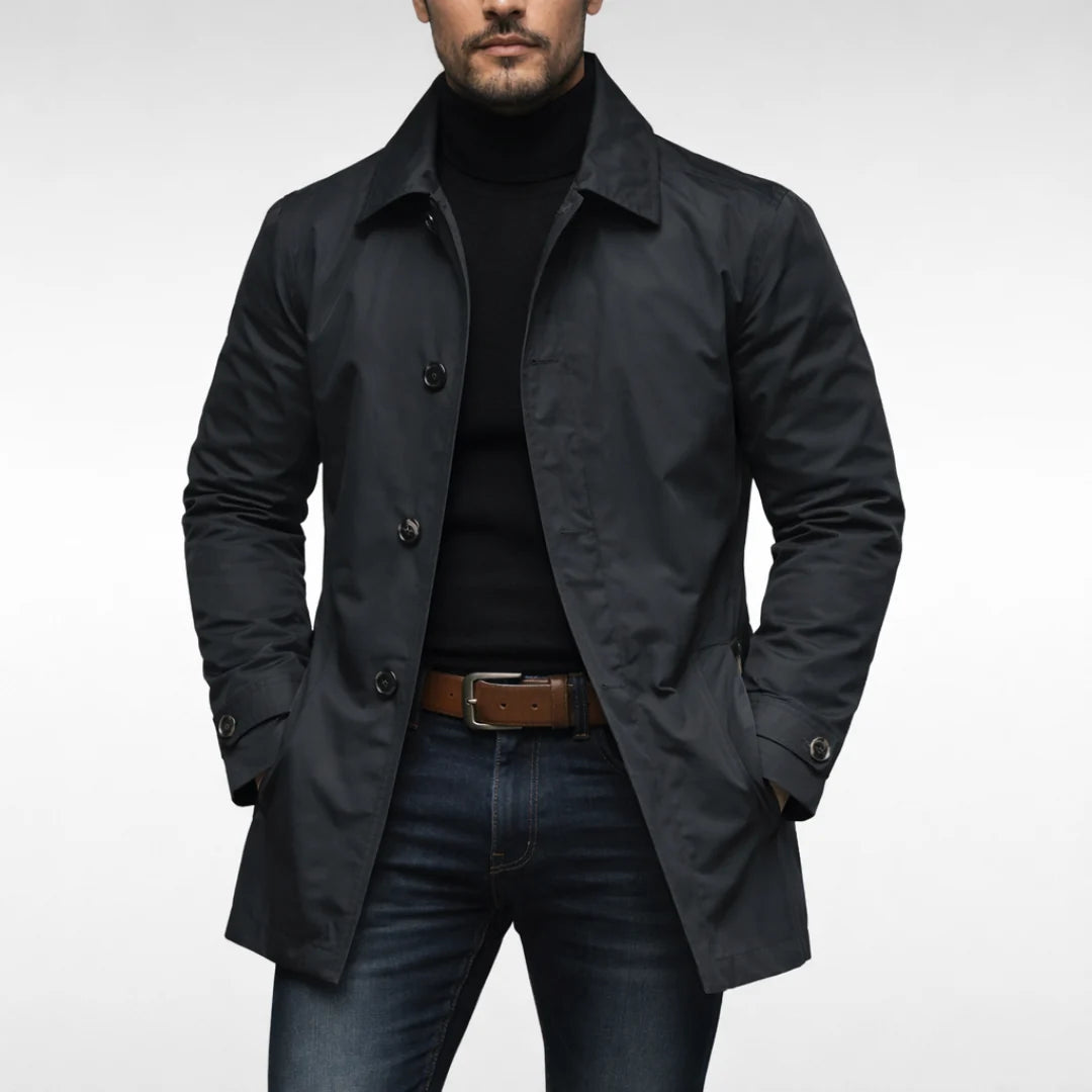 Men's black weather-resistant overcoat with notch collar