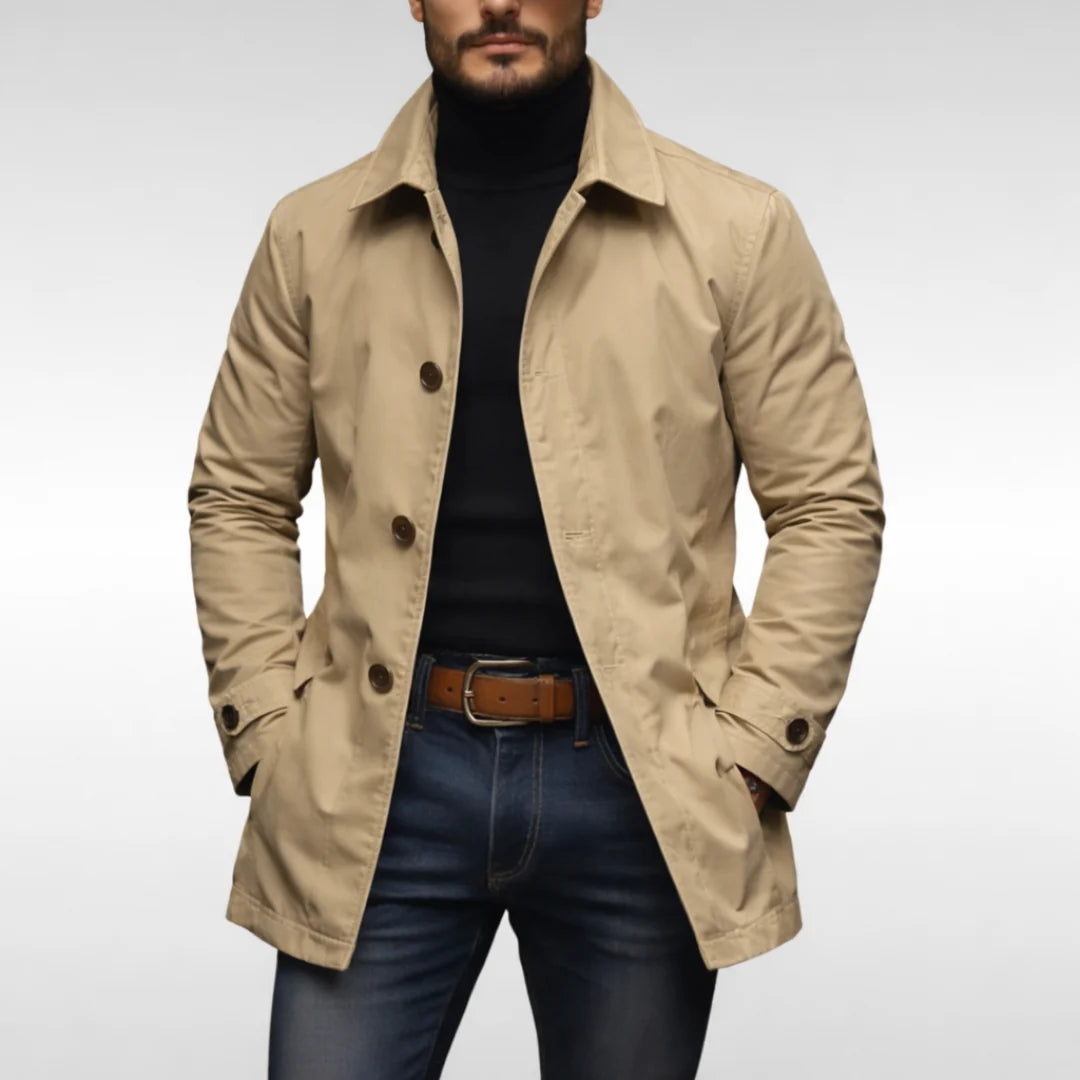 Men's beige weather-resistant overcoat with notch collar