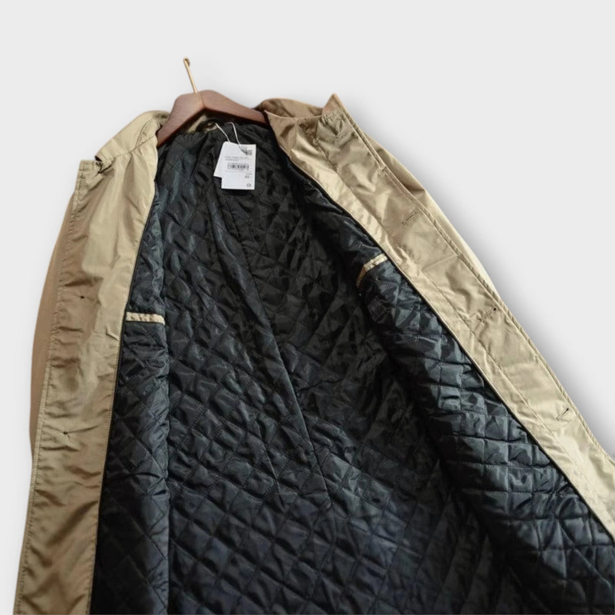 Men's beige weather-resistant overcoat with notch collar