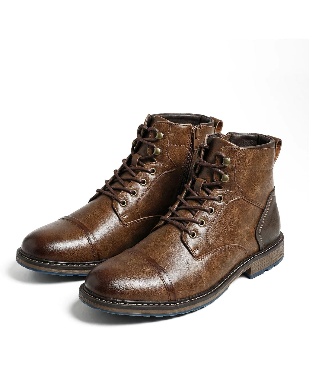 Men's brown leather lace-up work boots with cap toe