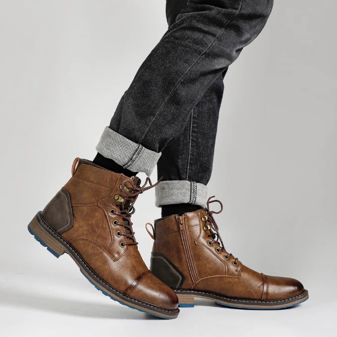 Men's brown leather lace-up work boots with cap toe